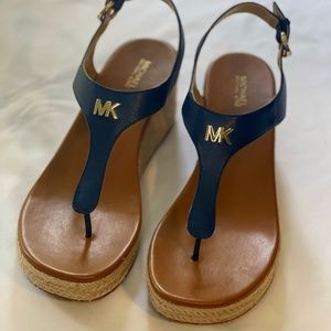MICHAEL Michael Kors Saffiano Leather Wedge Sandals - Navy Sz 8.5